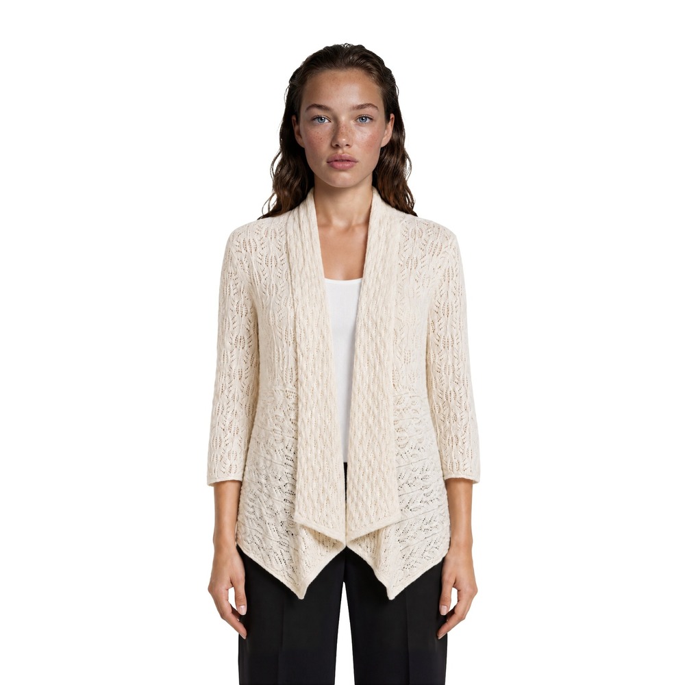 Woman Within Cardigan Sweater Women's Size L 18/20 Cream Pointelle‎ Waterfall